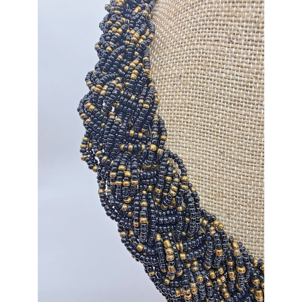 Black & Gold Necklace Seed Bead Braided Chocker Necklace 18-20.75" Adjustable - Picture 2 of 8